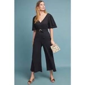 Anthropologie Maeve‎ Black Flutter Sleeve Wide Leg Belted Jumpsuit Size 4